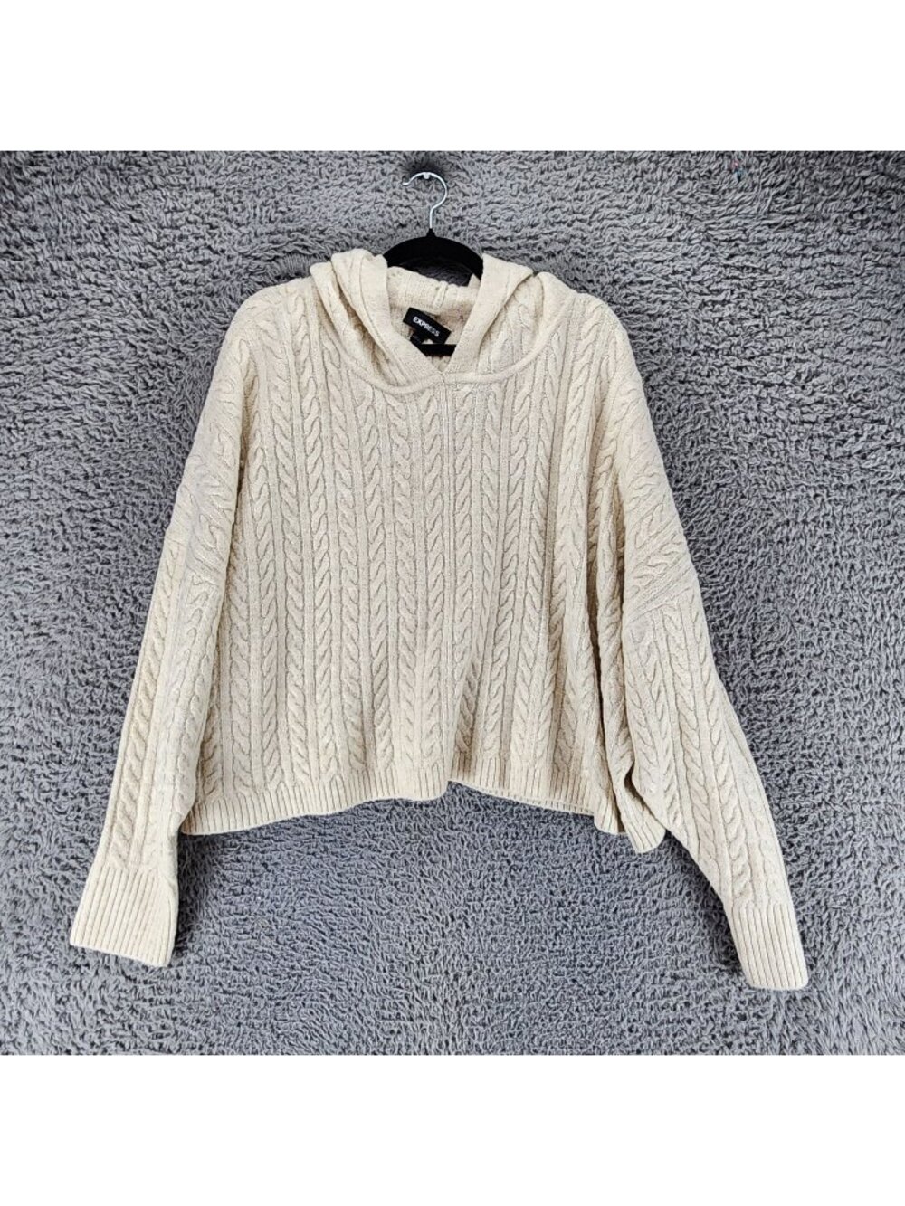 Express Sweater Womens XL Cream Acrylic Blend Long Sleeve Hooded Cable Knit